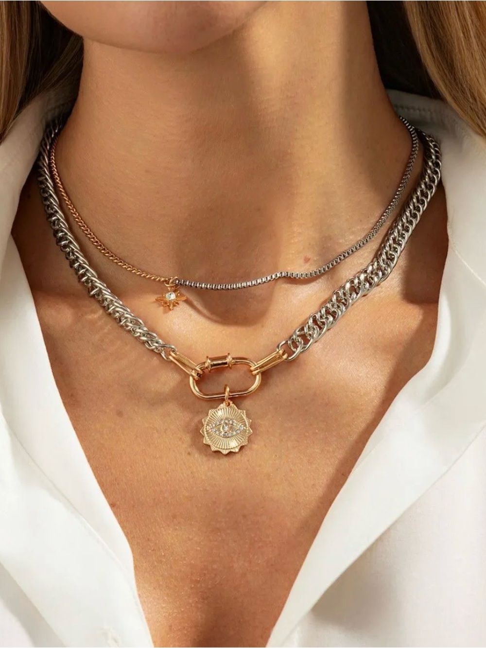 Multi layered 2 tone gold and silver chain necklace with evil eye and star charm